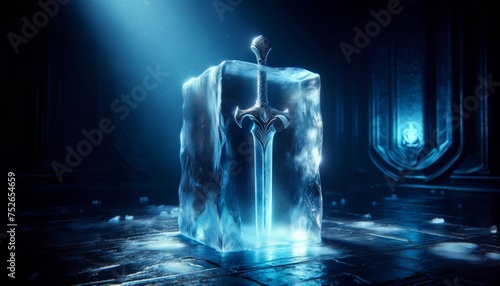 A crystal sword frozen within a block of ice, illuminated by a soft blue light from within. photo