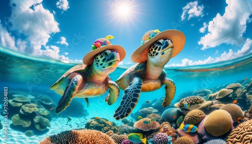 Two turtles with sun hats by the Great Barrier Reef. © FantasyLand86