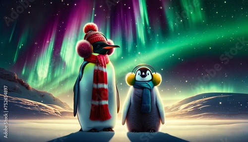 Two penguins in scarves and earmuffs in front of the Northern Lights. photo
