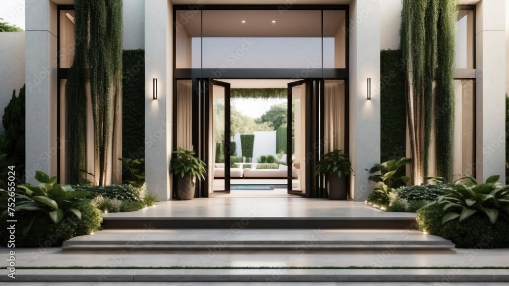 Stunning entrance of your modern villa, featuring sleek Italian architecture, a cascading waterfall, and lush greenery leading up to the front door Stunning entrance of your modern villa, featuring sleek Italian architecture, a cascading waterfall, and lush greenery leading up to the front door