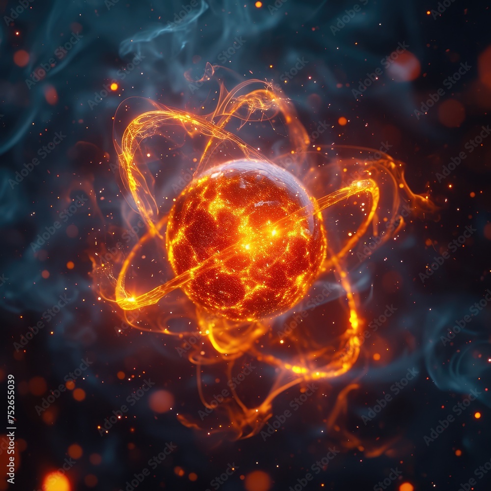Obraz premium Atomic dance: subatomic realm, electrons, neutrons, and protons orbit a fixed nucleus in a model empty space within atoms, showcasing set, predictable paths in the intricate world of particle physics
