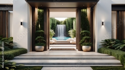 Stunning entrance of your modern villa, featuring sleek Italian architecture, a cascading waterfall, and lush greenery leading up to the front door