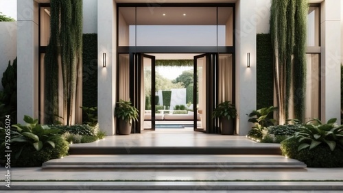Stunning entrance of your modern villa, featuring sleek Italian architecture, a cascading waterfall, and lush greenery leading up to the front door