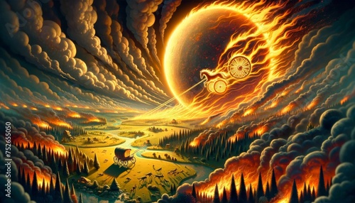 A whimsical animated art style image depicting Phaeton's chariot skimming dangerously close to the Earth, setting landscapes ablaze. photo