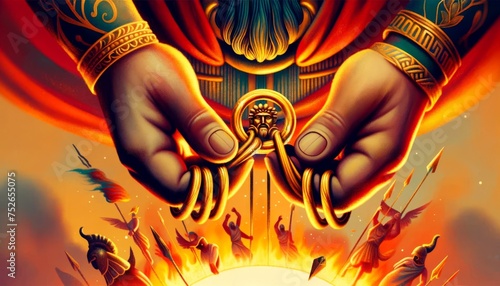 A whimsical animated art style image depicting a close-up of Phaeton's hands desperately gripping the reins of the sun chariot, ensuring there are no . photo