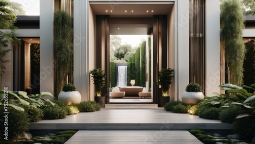 Stunning entrance of your modern villa, featuring sleek Italian architecture, a cascading waterfall, and lush greenery leading up to the front door © Damian Sobczyk