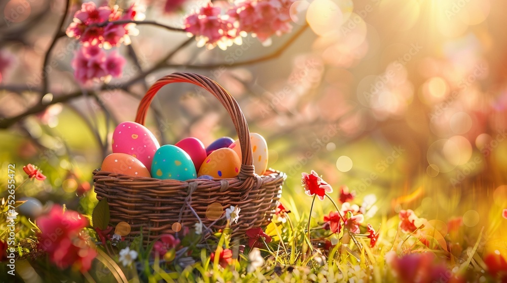 Colorful eggs in a basket in spring sunny blooming cherry orchard. Colorful eggs in a basket in spring sunny blooming cherry orchard.