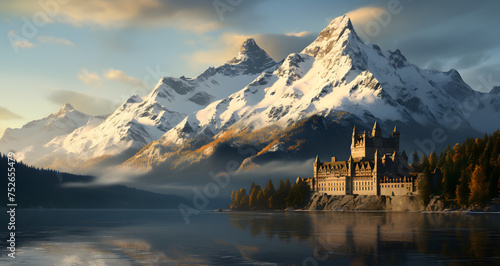 a castle with snowy mountains around it as seen from across the water © Samuel