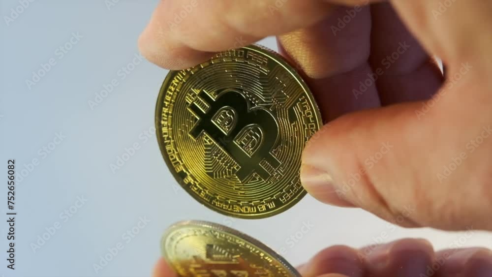 Close up golden bitcoin coin in fingers male hand on mirror surface cryptocurrency background. Bit Coin. Exchange online market. Mining concept. Close up golden bitcoin coin in fingers male hand on mirror surface cryptocurrency background. Bit Coin. Exchange online market. Mining concept.
