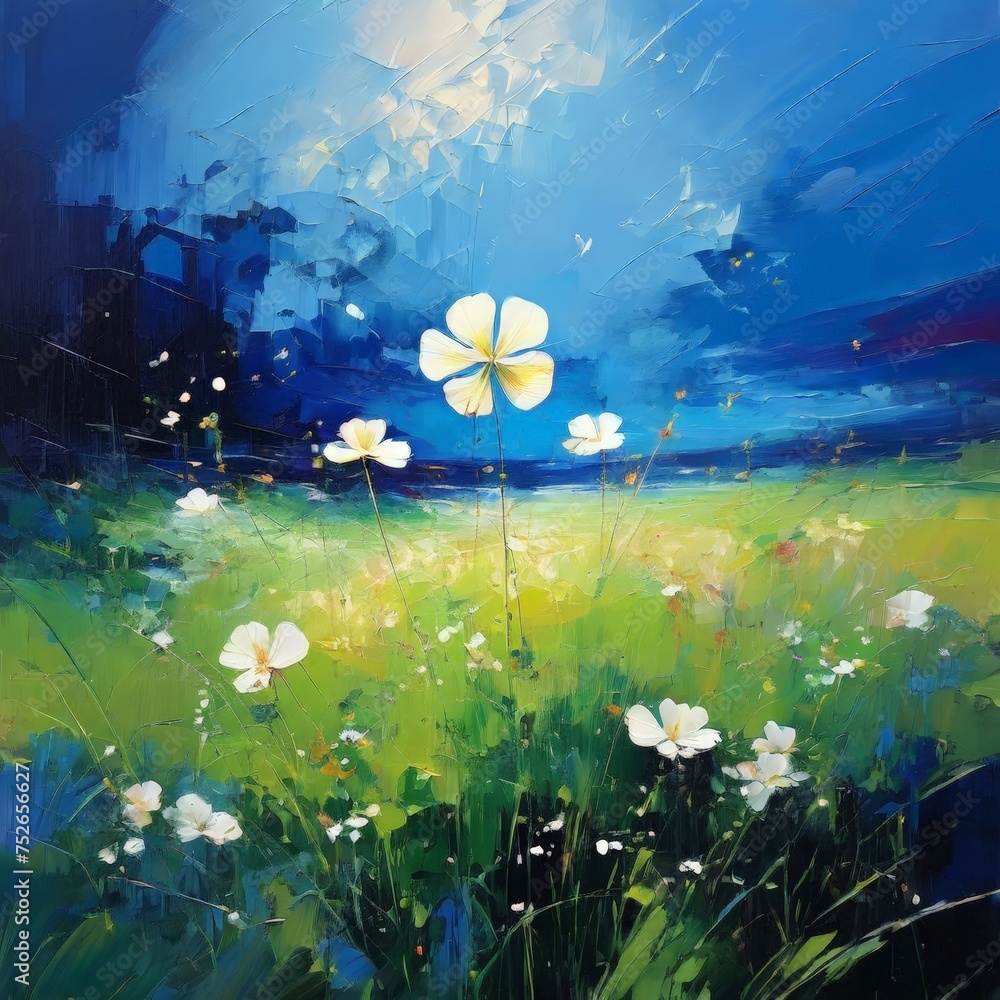 Painting of white flowers in the field during the day