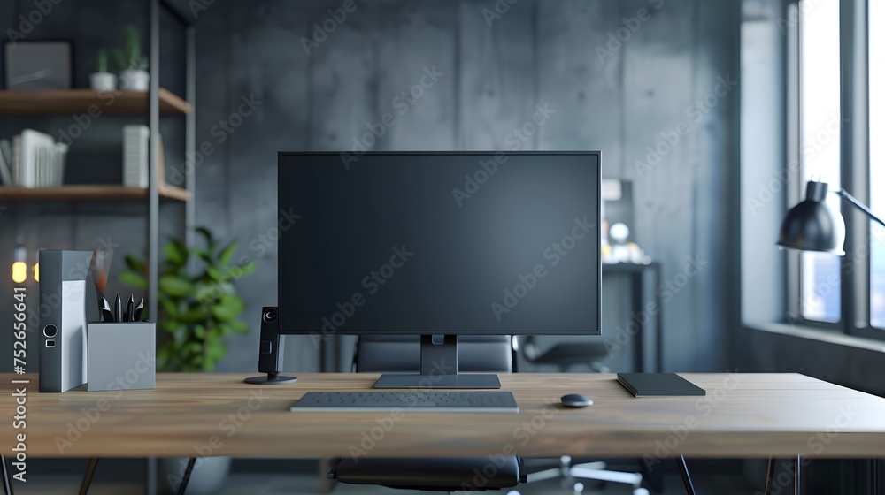 Responsive web site mockup. Computer display, laptop, tablet and smart phone on desk with isolated, blank, white screen for design presentation.