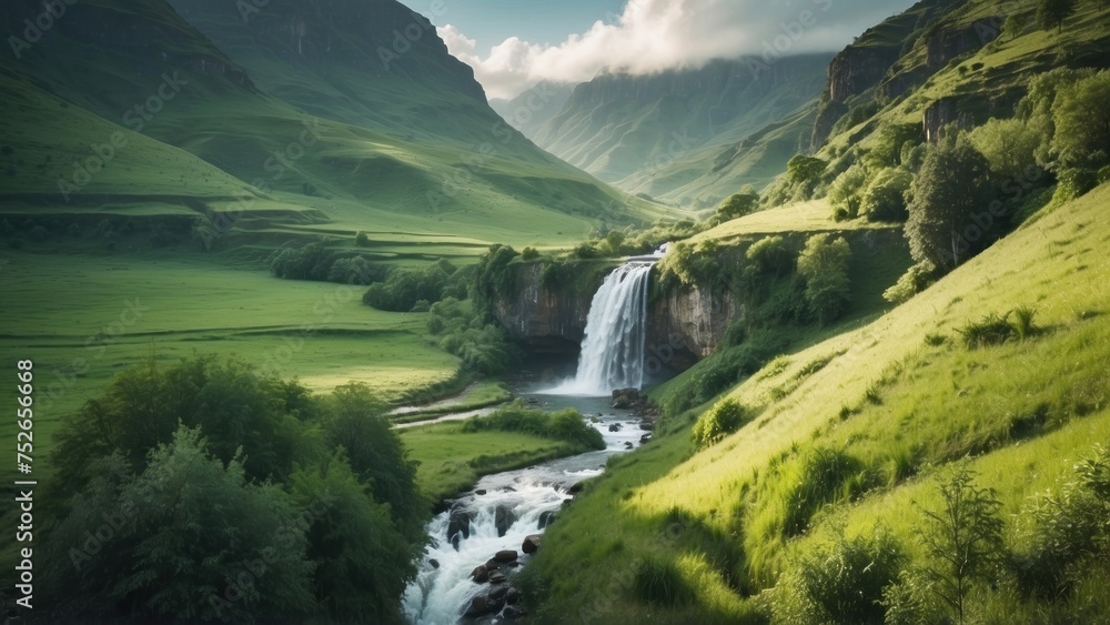 Picturesque valley with a cascading waterfall, surrounded by lush greenery and a meadow Picturesque valley with a cascading waterfall, surrounded by lush greenery and a meadow