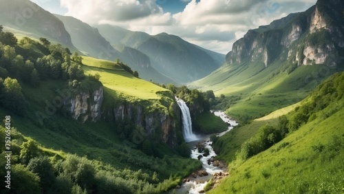 Picturesque valley with a cascading waterfall, surrounded by lush greenery and a meadow © Damian Sobczyk