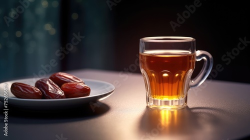 A glass of red tea with dates on a white saucer.