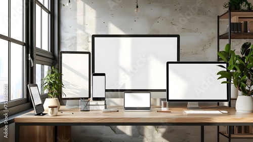 Responsive web site mockup. Computer display, laptop, tablet and smart phone on desk with isolated, blank, white screen for design presentation.
