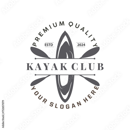 Kayak logo canoe paddle wild adventure river design vector illustration vintage style