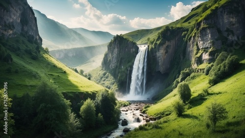 Picturesque valley with a cascading waterfall, surrounded by lush greenery and a meadow