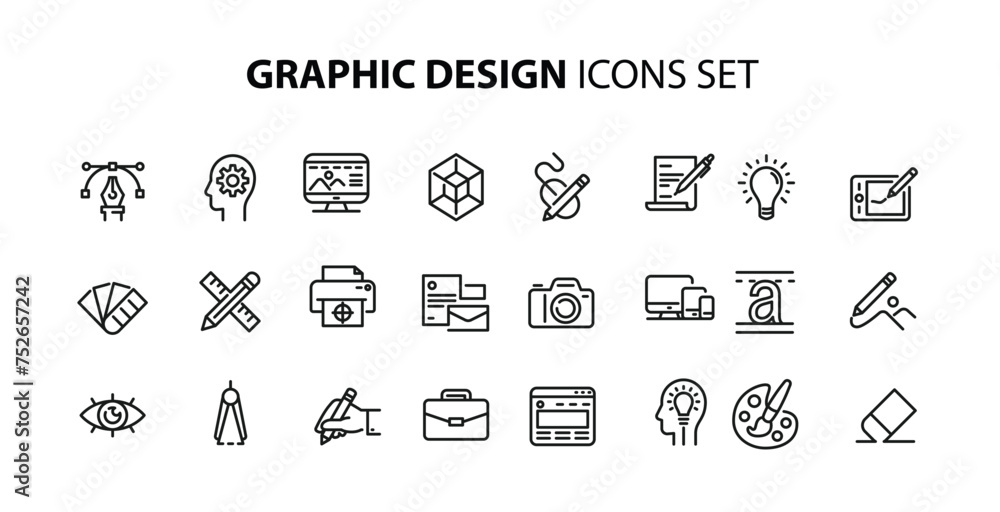  Minimal Graphic Design related icon set. Vector illustration.