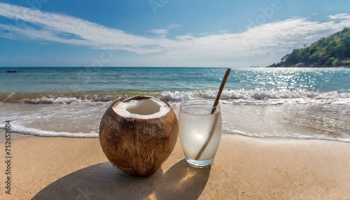 Água de coco. Bebida. Fruta. Praia e mar. photo