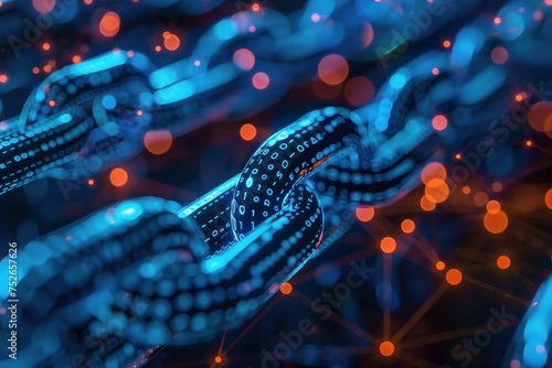Conceptual illustration of blockchain technology with glowing digital chains, representing secure data and cryptocurrency connections. photo