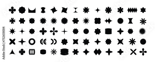 Futuristic retro vector minimalist shape. Y2K Vector. Retro futuristic Y2K graphic icons. Collection of different graphic elements, star, shapes, spheres, icons, frame, graphic design. Vector  photo