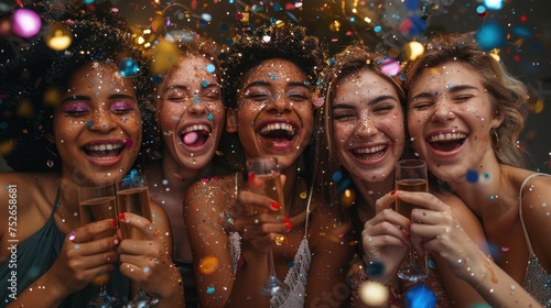 Five happy beautiful young ladies in nice dresses posing in confetti, multiracial girlfriends celebrating together, drinking champagne, laughing 