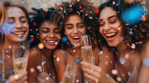 Five happy beautiful young ladies in nice dresses posing in confetti, multiracial girlfriends celebrating together, drinking champagne, laughing 