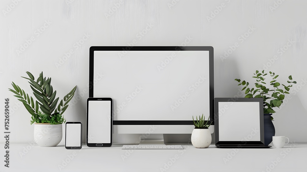 Responsive web site mockup. Computer display, laptop, tablet and smart phone on desk with isolated, blank, white screen for design presentation. Responsive web site mockup. Computer display, laptop, tablet and smart phone on desk with isolated, blank, white screen for design presentation.
