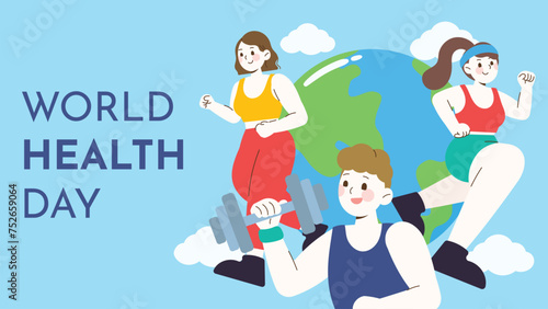 World health day concept, 7 April, background vector. Hand drawn comic doodle style of people working out, exercise. Design for web, banner, campaign, social media post.