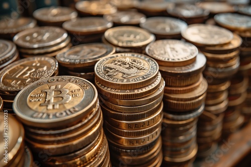 Stack of assorted metal coins with bitcoin tokens symbolizing cryptocurrency investment and digital finance, concept of economy and virtual money
