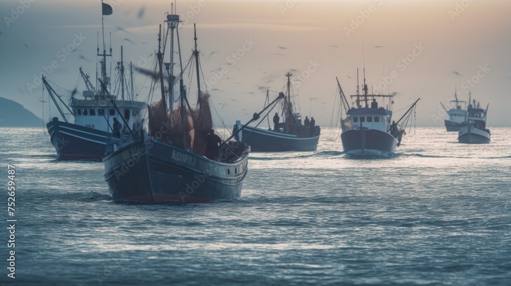 Fishing boats in the sea at sunset. Shallow depth of field.