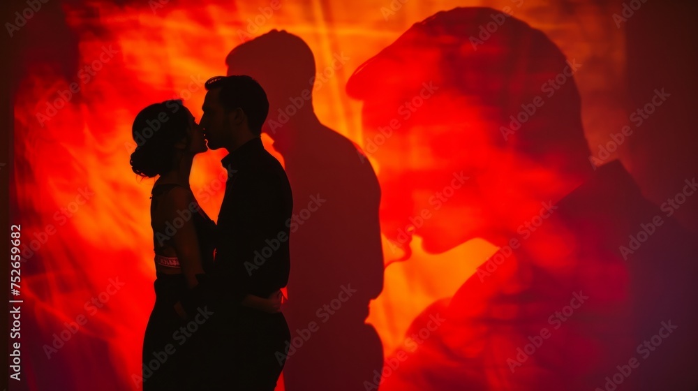 silhouette and art projection with couple kissing generative ai