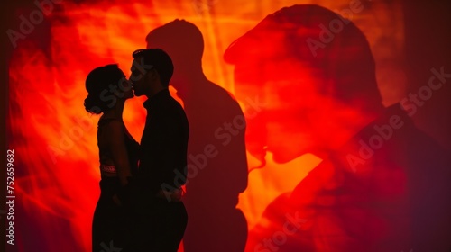 silhouette and art projection with couple kissing generative ai
