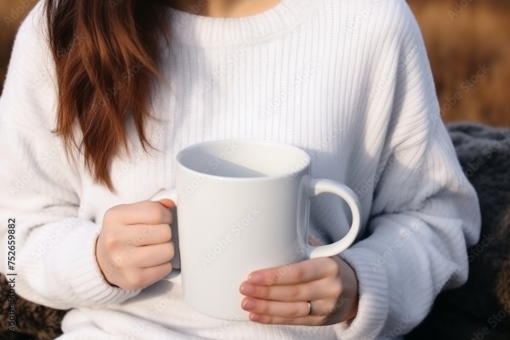 Close-up of warm hands clutching a steamy coffee mug, wrapped in a knitted white sweater, suggesting comfort on a cold day.