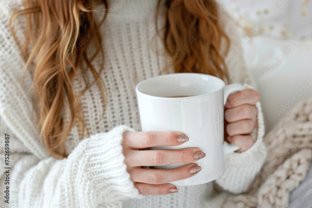 Close-up of warm hands clutching a steamy coffee mug, wrapped in a knitted white sweater, suggesting comfort on a cold day.nail beautiful Close-up of warm hands clutching a steamy coffee mug, wrapped in a knitted white sweater, suggesting comfort on a cold day.nail beautiful