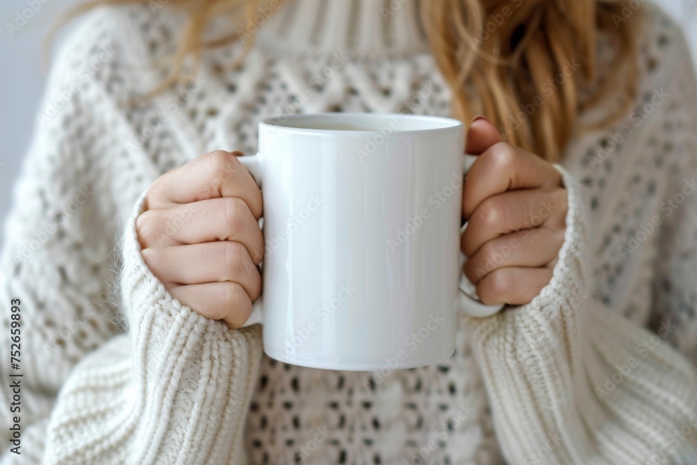 Close-up of warm hands clutching a steamy coffee mug, wrapped in a knitted white sweater, suggesting comfort on a cold day. Close-up of warm hands clutching a steamy coffee mug, wrapped in a knitted white sweater, suggesting comfort on a cold day.