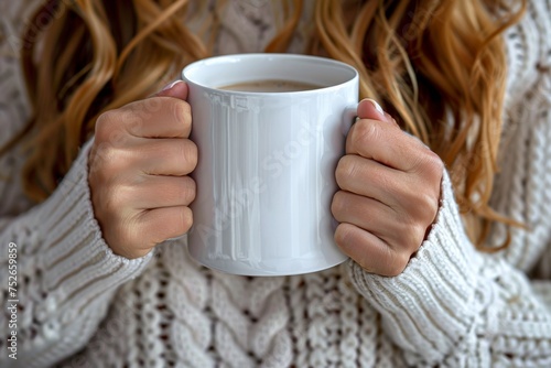 Close-up of warm hands clutching a steamy coffee mug, wrapped in a knitted white sweater, suggesting comfort on a cold day.