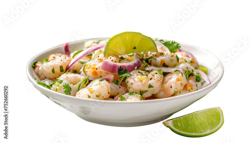 shrimp ceviche with onions isolated, lemon