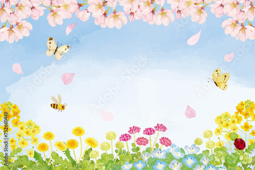 水彩で描いた春の野原の背景