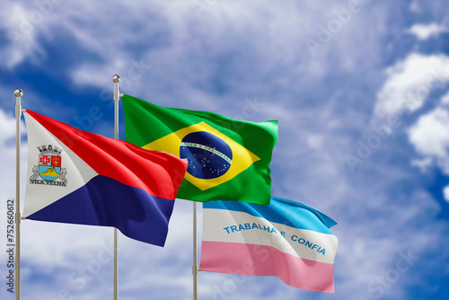 Official flags of the country Brazil, state of Espirito Santo and city of Vila Velha. Swaying in the wind under the blue sky. 3d rendering photo