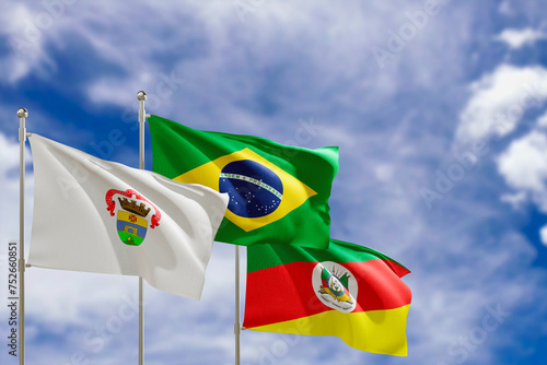 Official flags of the country Brazil, state of Rio Grande do Sul and city of Porto Alegre. Swaying in the wind under the blue sky. 3d rendering photo