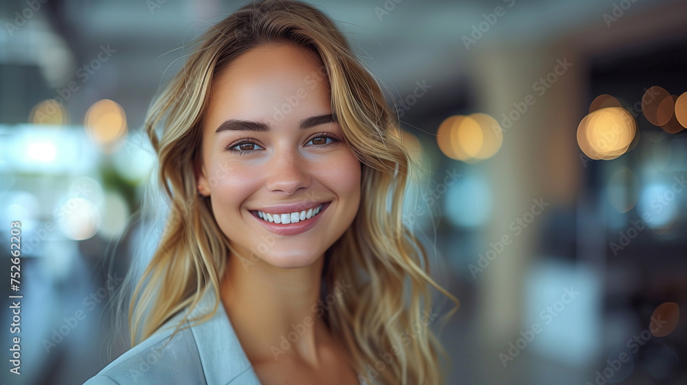 Smiling beautiful elegant businesswoman standing in a modern business office tower