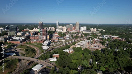 Aerial View Moving Toward Raleigh North Carolina Skyline Wide