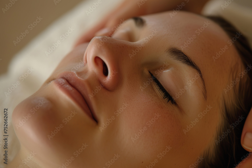 Young woman enjoying relaxing facial massage in spa