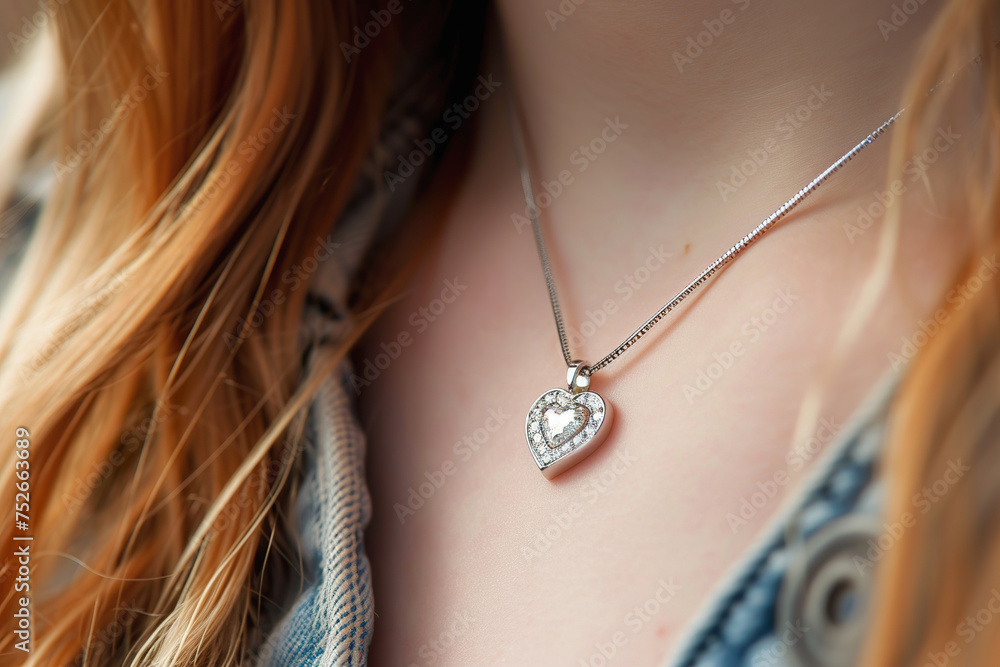Diamond heart pendant. Delicate Diamond Heart Pendant on Young Woman Diamond heart pendant. Delicate Diamond Heart Pendant on Young Woman