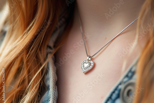 Diamond heart pendant. Delicate Diamond Heart Pendant on Young Woman photo