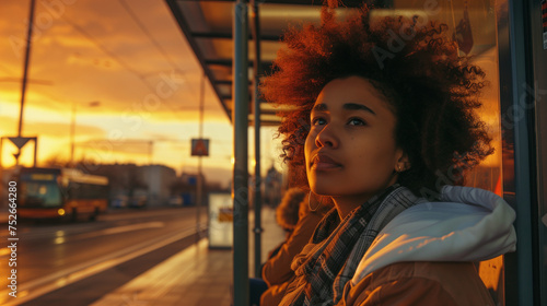 an afro-haired woman is waiting for the bus at the bus stop in the afternoon. The background is a calm sunset with a golden orange sky. The woman waited patiently while looking at the street, Ai Gener © mohammad