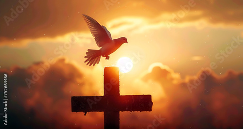 A dove flying over a cross