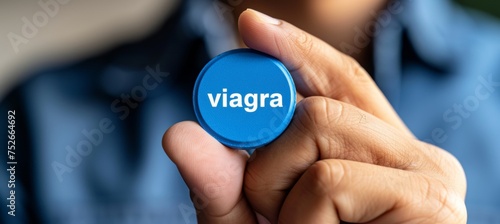 Hand holding blue viagra pill on blurred background, text space   male health and potency concept. photo