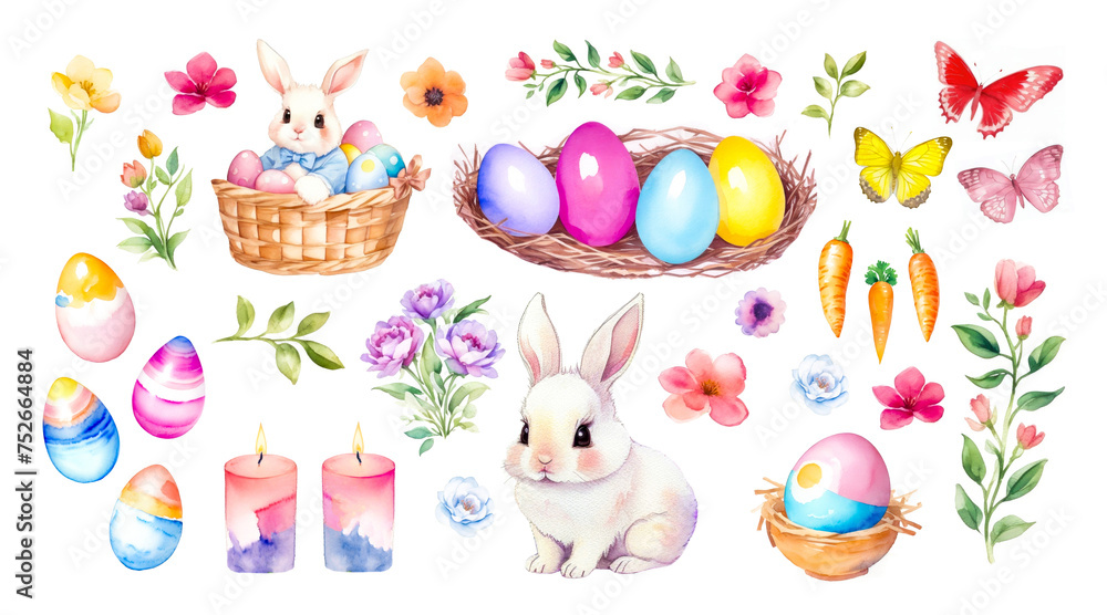 Watercolor Set of Easter design elements. Eggs, basket, rabbit, flowers, branches, candle, butterfly, carrot. Happy Easter Collection for design, decoration, card, kids Watercolor Set of Easter design elements. Eggs, basket, rabbit, flowers, branches, candle, butterfly, carrot. Happy Easter Collection for design, decoration, card, kids